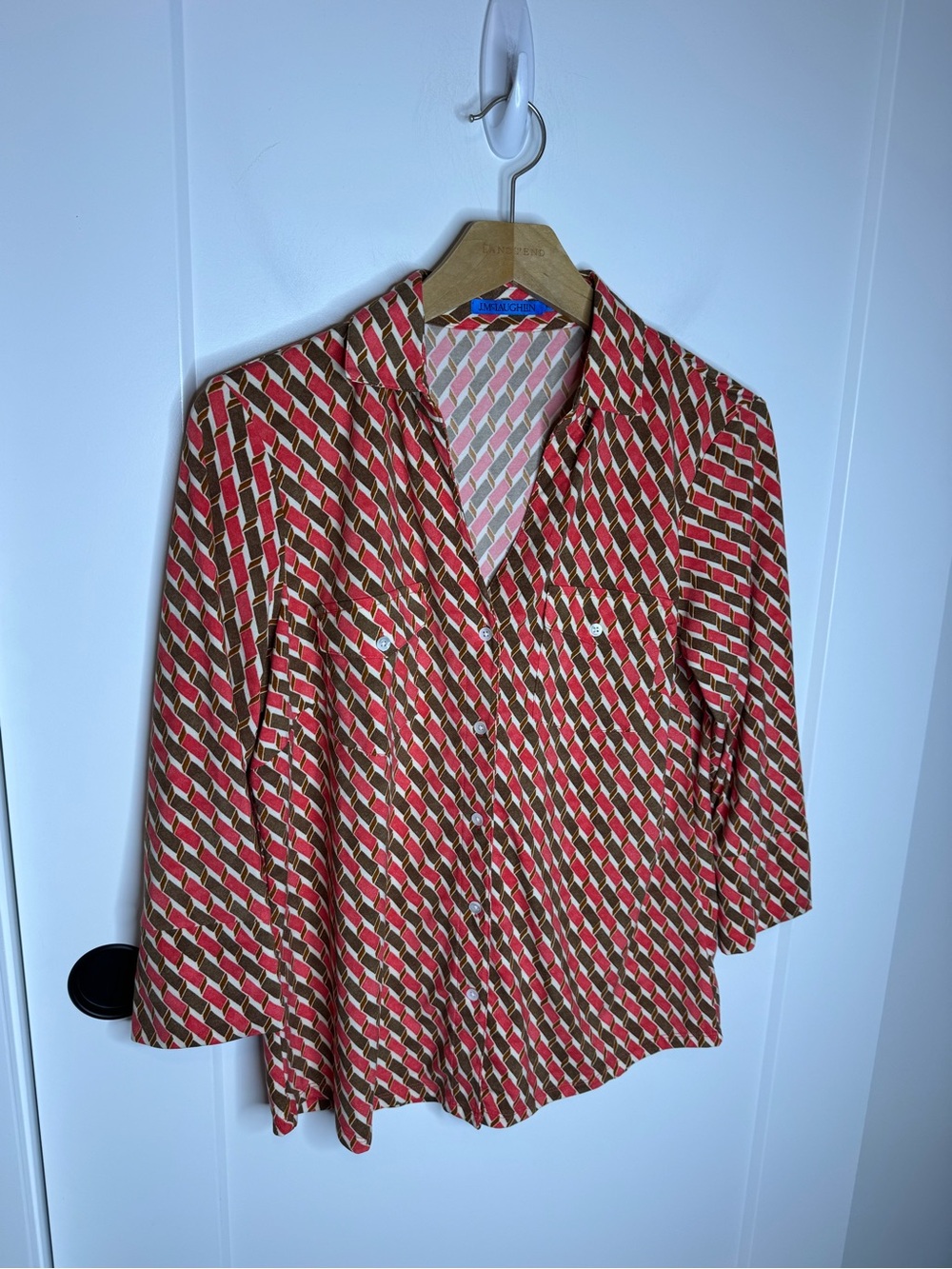 J. McLaughlin Block Pattern Soft Button Down Blouse Top Size Medium